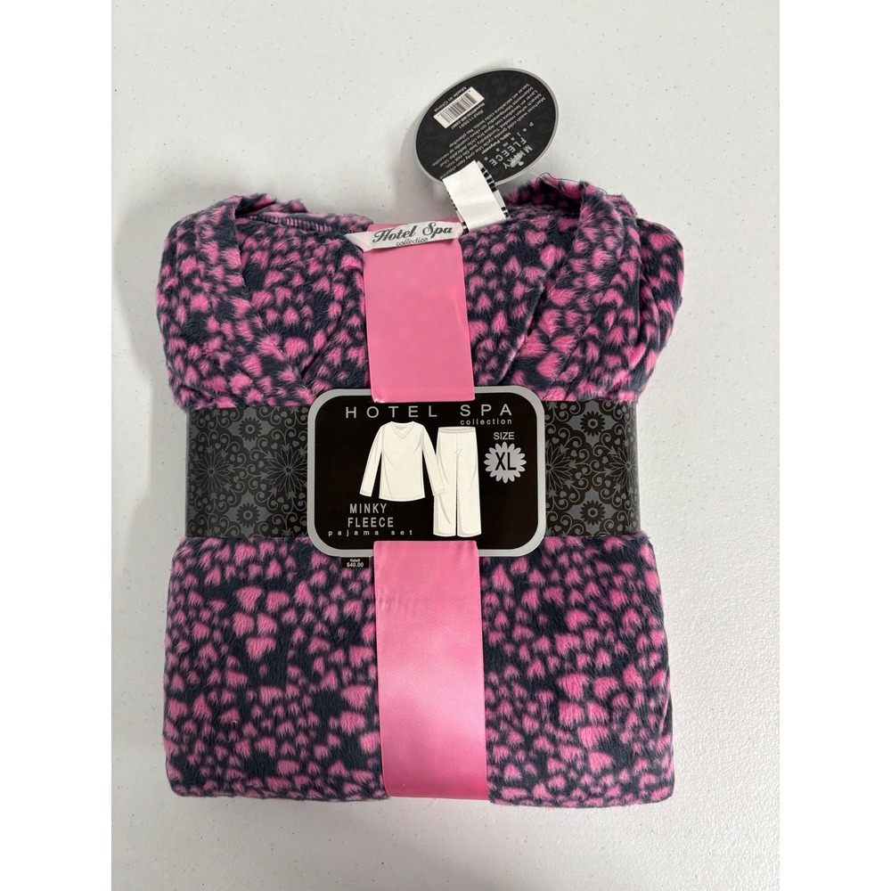Hotel Spa Collection Minky Fleece Pajama Set XL Pink Navy Heart Print NEW